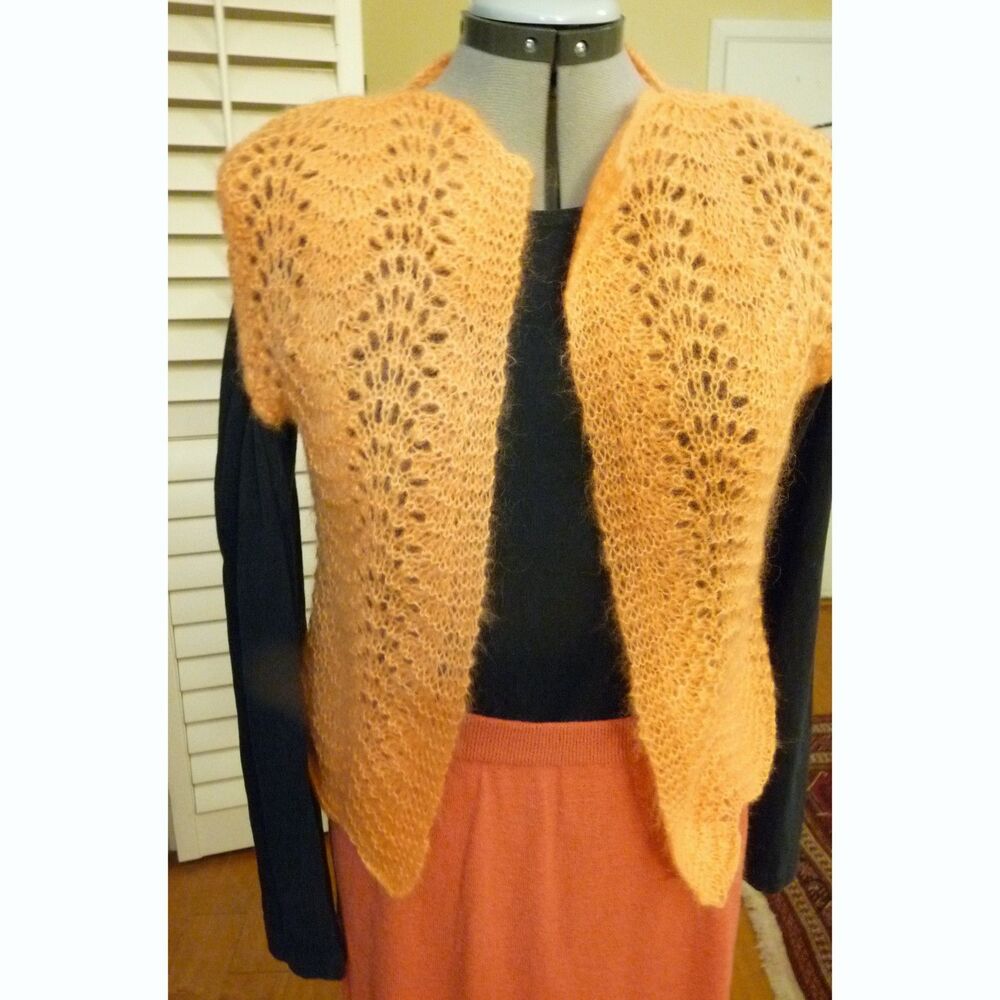 Hand knit mohair lace open front lightweight yet warm cropped sweater vest S-M